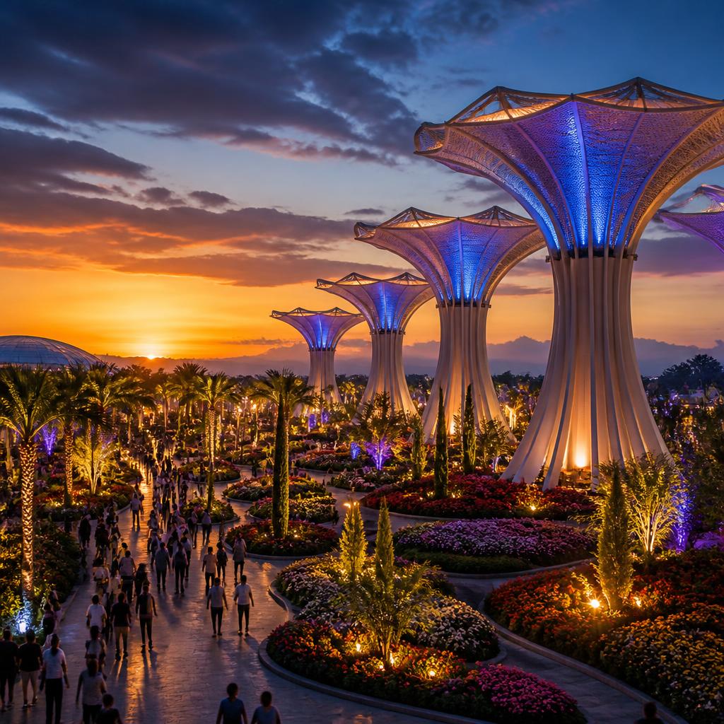 Expo 2016 Antalya'nın gün batımında aydınlanan tema kuleleri
